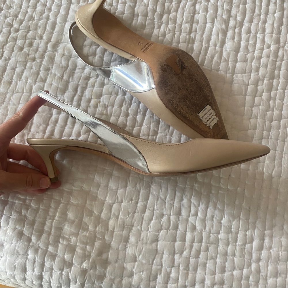 Miu Miu Silver and Cream sling back heels